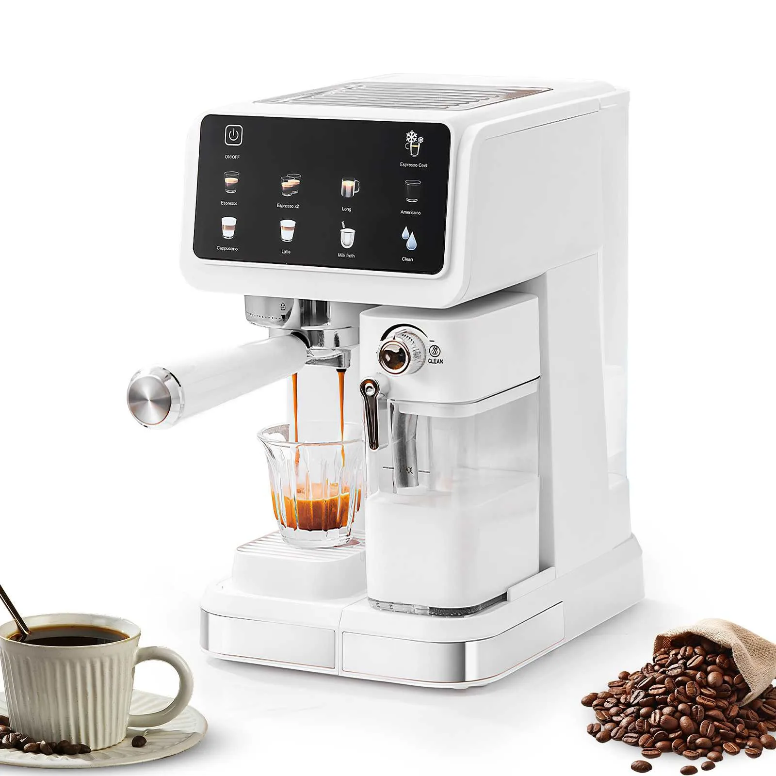 Weiße 20-Bar-Espressomaschine mit TFT-Touchscreen, integriertem Milchaufschäumer, automatischer Reinigung, Vorinfusion und kompakter Bauweise