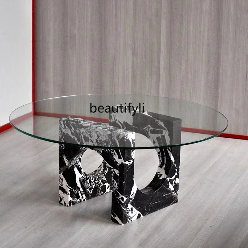 

Modern minimalist natural marble round coffee table living room household small apartment, simple glass round table