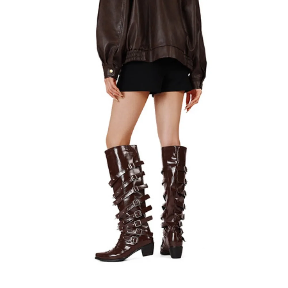 New Retro Belt Buckle Color Matching Rivet Long Boots European American Women Fashionable Punk Style Thick Heel Chelsea Boots