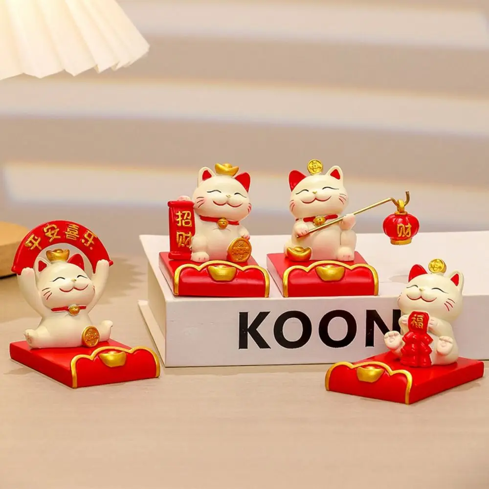 Figurine Miniature Items Lucky Cat Phone Holder Chinese Style Exquisite Animal Mobile Phone Stand Resin Crafts Realistic