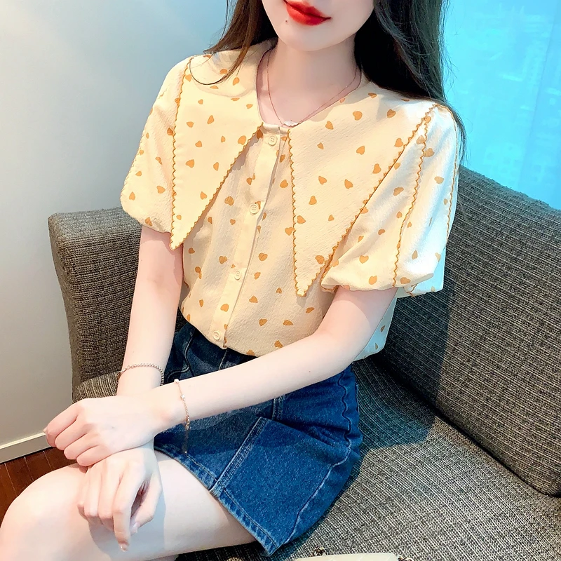 Summer Short Sleeve Doll Collar Women Shirt Fashion Casual Chiffon Shirt Blouse Women Tops Blusas Mujer De Moda 2024 Verano H614