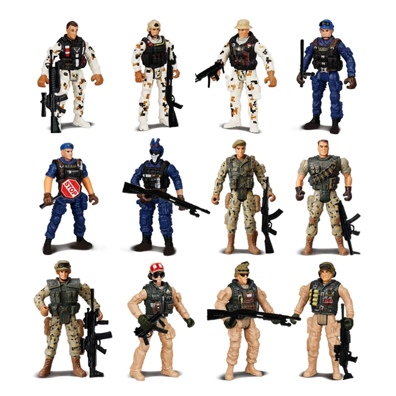 12Pcs Warrior Elite Force 1:18 Military Snow Soldiers Navy Action Figure Toys Movable Army Man w/ Weapon for Children Boy Gifts