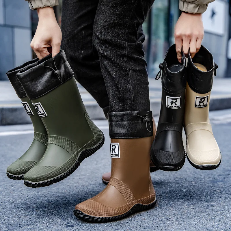 

Мужские нескользящие дождевые сапоги средней длины с завязками, водонепроницаемые, для рыбалки, пляжа, доставки еды, износостойкая обувь для рабочих