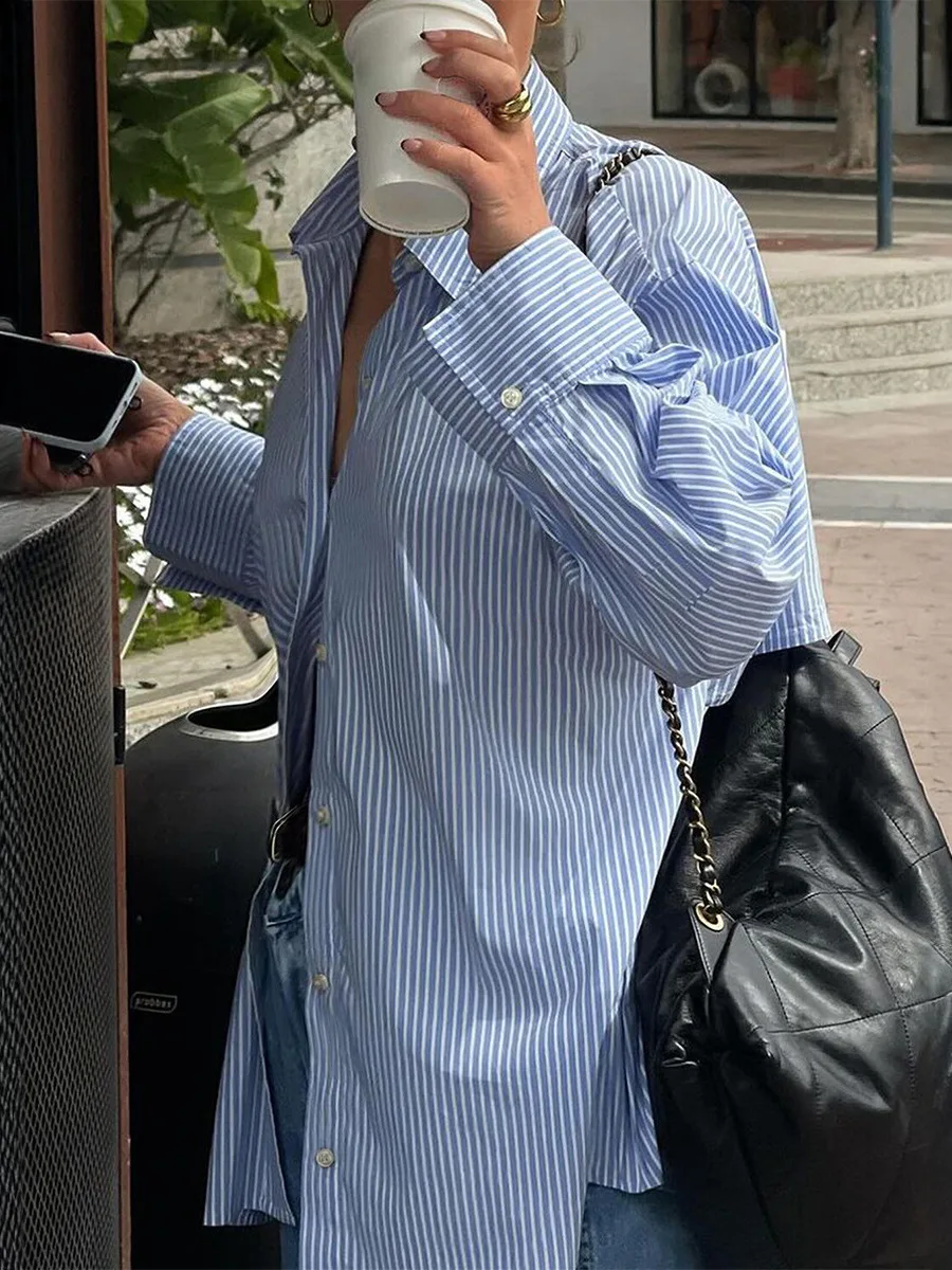 بلوزة فضفاضة مخططة طويلة Sve irt للنساء كاجوال Sle مريح مناسب بنمط مخطط صيفي وصل حديثًا ملابس نسائية