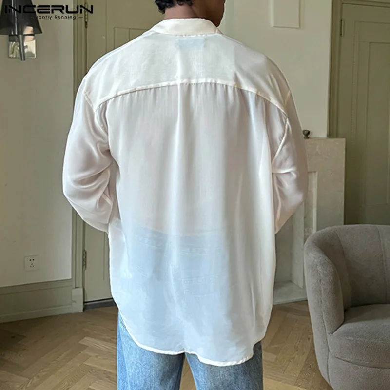 2024 Men Shirt Solid Color Ruffle V Neck Long Sleeve Streetwear Men Clothing Transparent Fashion Casual Camisas S-5XL INCERUN