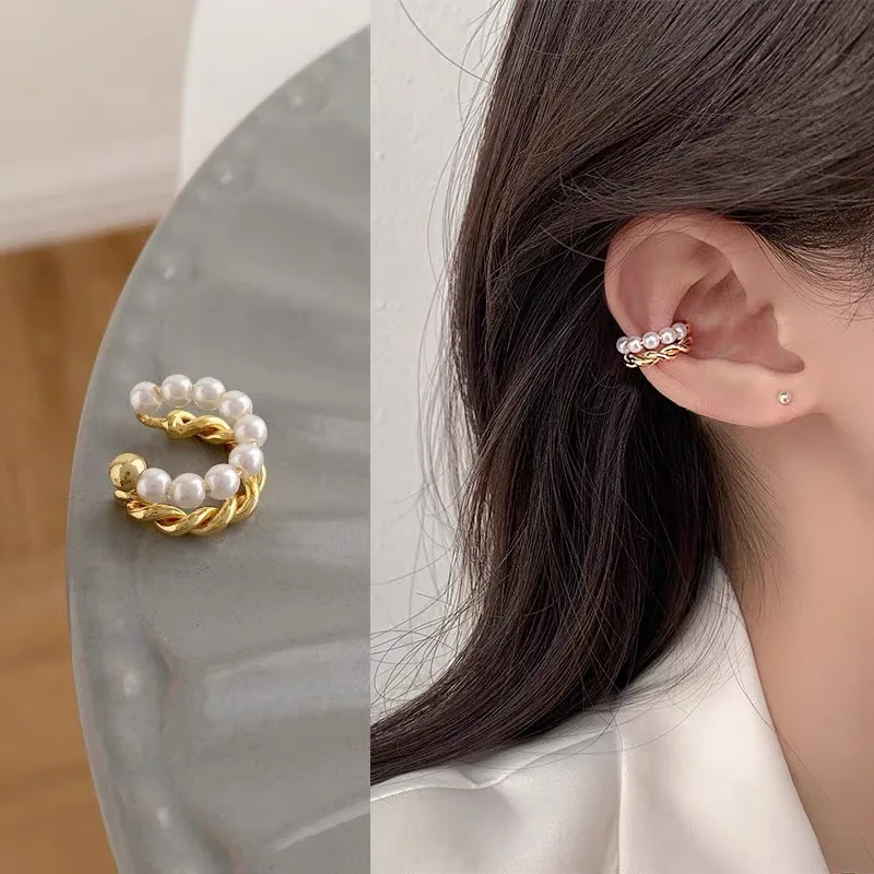 New Korean Gold Color Double Circle Twist Pearl Ear Cuff Vintage Geometric Circle Earcuff Fake Piercing Pearls Clip on Earings