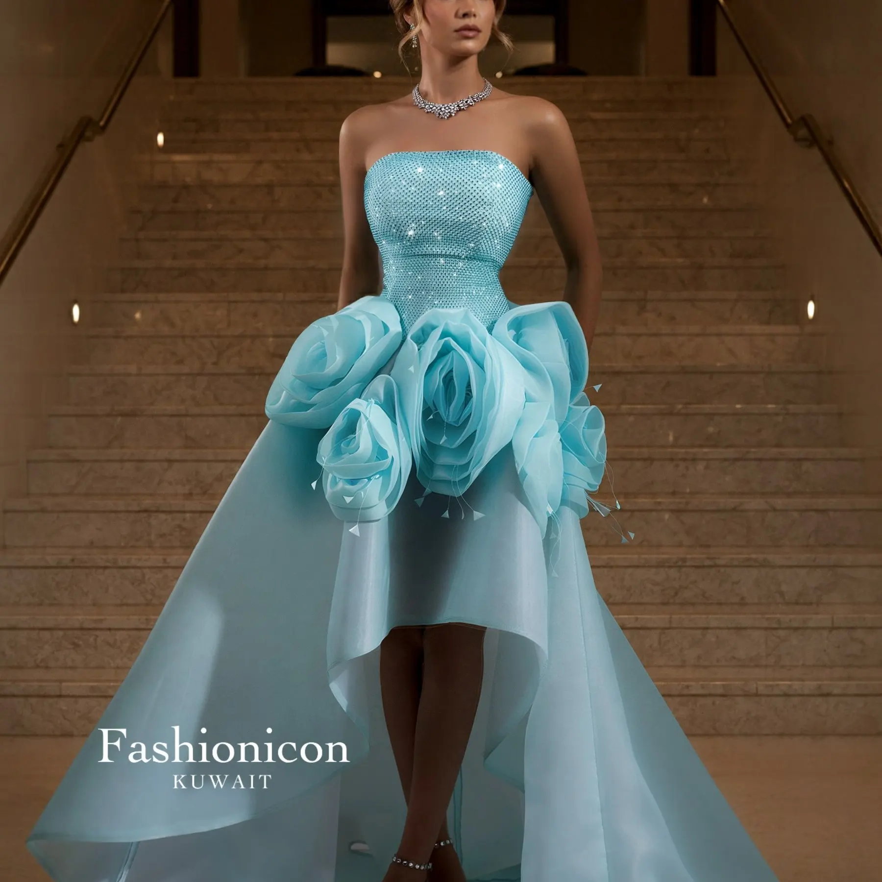 

Hot Selling 2026 Sky Blue Bling Prom Dress, High Low Hemline with 3D Flowers, Long Train Evening Gown for Women, Plus Size