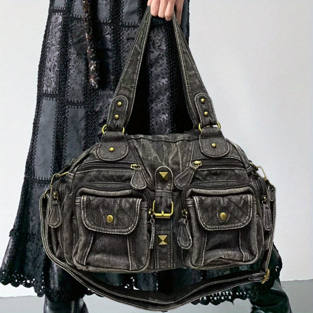 

Ladies' fashionable retro casual cool handbag, personalized Y2K spicy girl motorcycle bag, street style washed city bag