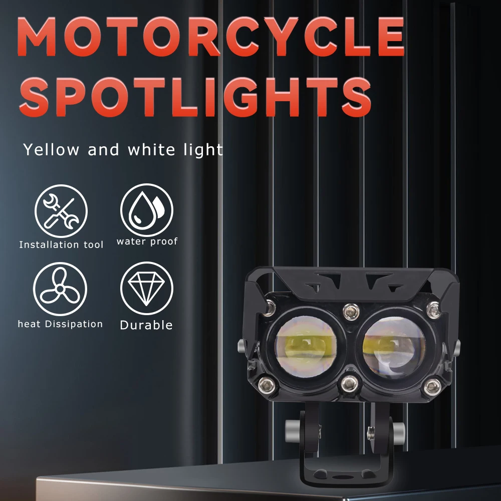 

Motorcycle LED Lens spotlight Double lenses Spotlight motorcycles auxiliary fog lamp Dual Color White Yellow light.For truck 4x4