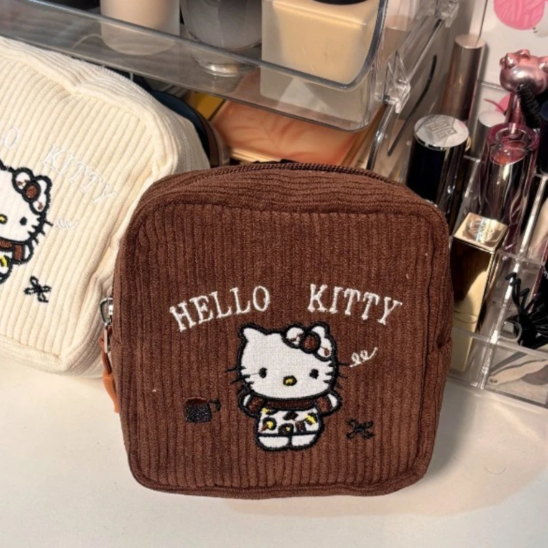 Corduroy Hello Kitty handbag small makeup bag Corduroy makeup bag portable travel storage bag Kawaii women's grooming bag view 2