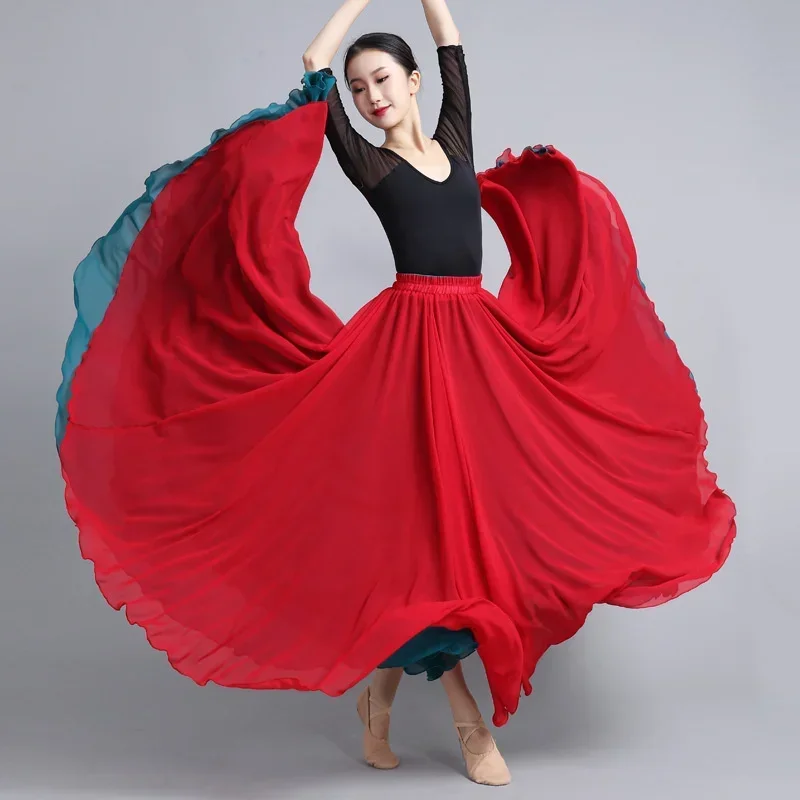 Saia de dança de chiffon flamenco para mulheres 720 graus cor sólida saias longas dançarina prática usar saia estilo chinês com bainha grande