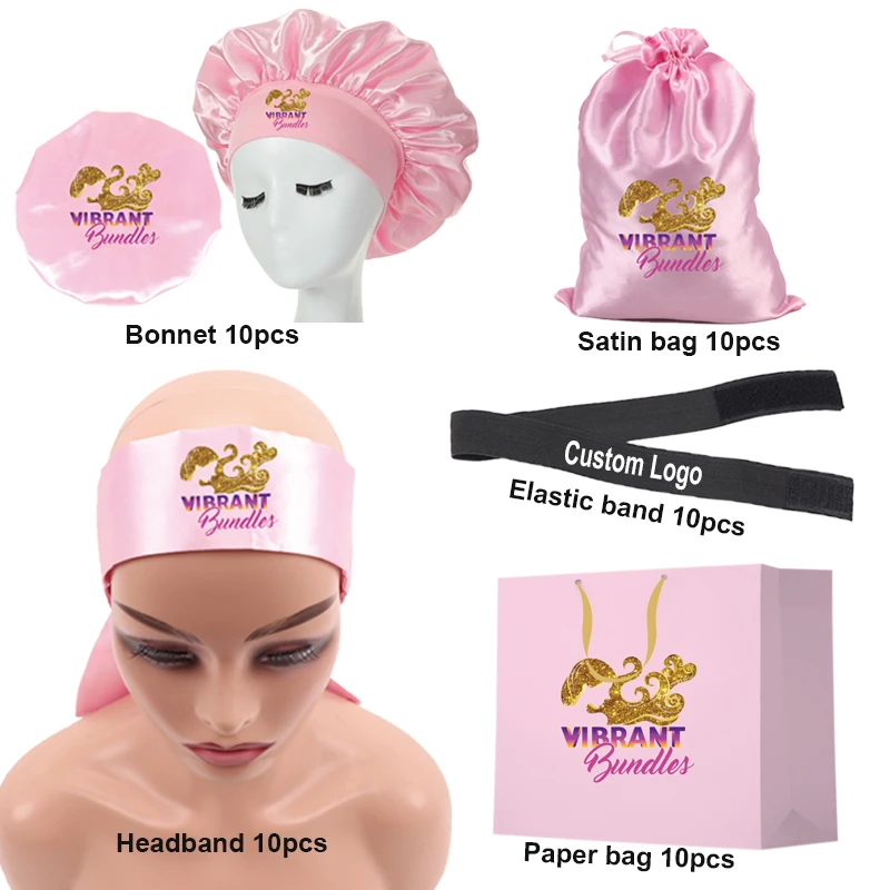 Personalized Wig Accessories Sets Adjustable Lace Melting Band Satin Bonnet Paper Packaging Bags For Multiple Wigs Silk Headband