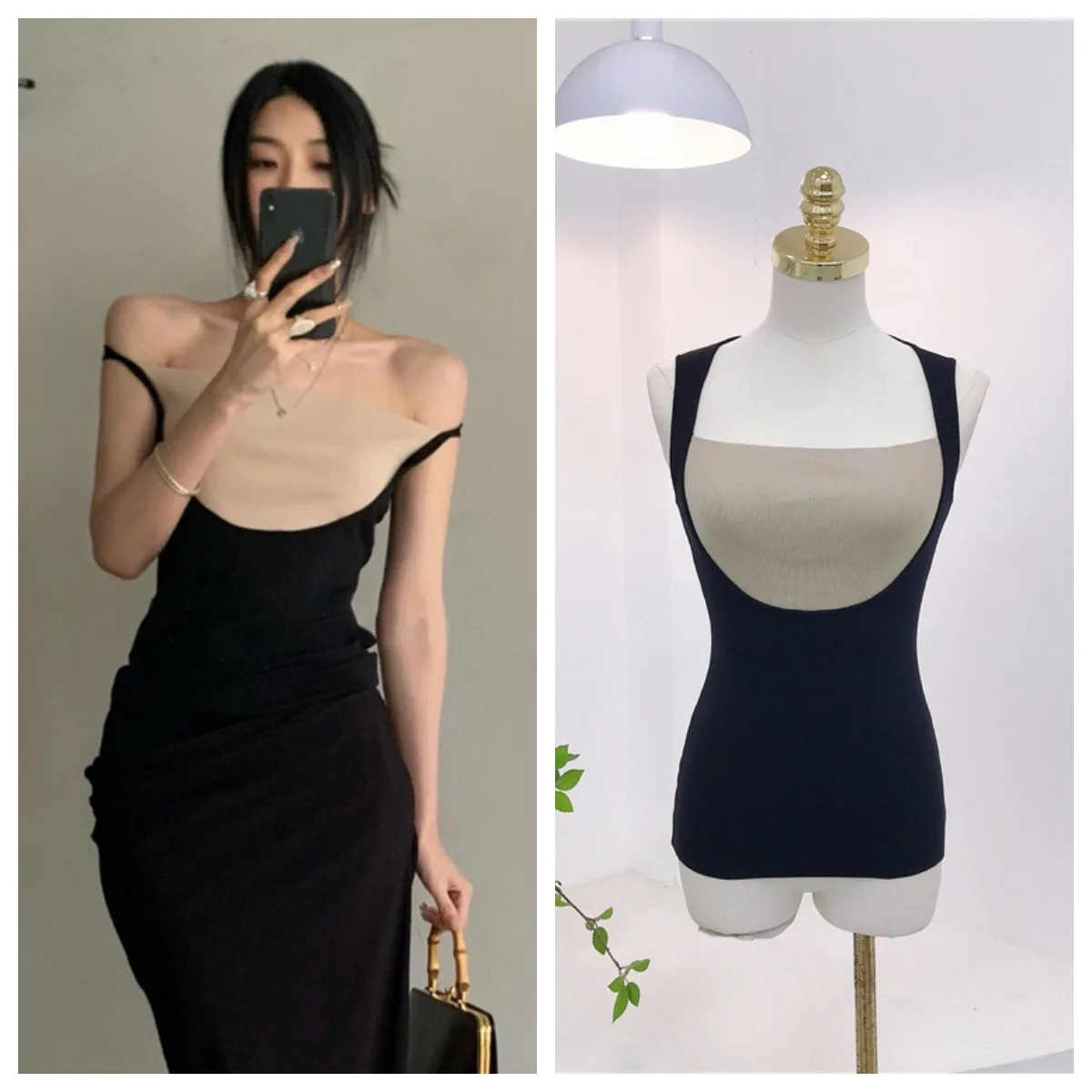 7752 Sommer neuer französischer Stil Pure Desire Farbblock quadratischer Ausschnitt gefälschtes zweiteiliges trägerloses schlankes gestricktes Tanktop