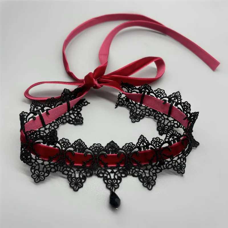 Burgundy Velvet Lace Wrap Choker Necklace Dark Aesthetic Self-tie Neck Collar Daily Outfit Decorative Clavicle Jewelry