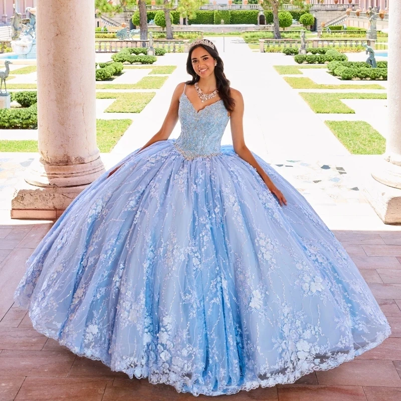 فستان Quinceanera من الدانتيل للفتيات ، فساتين حفلة موسيقية ، ثوب كرة ، مزين بالخرز ، حزام سباغيتي أزرق سماوي ، حفلة عيد ميلاد ، المكسيك