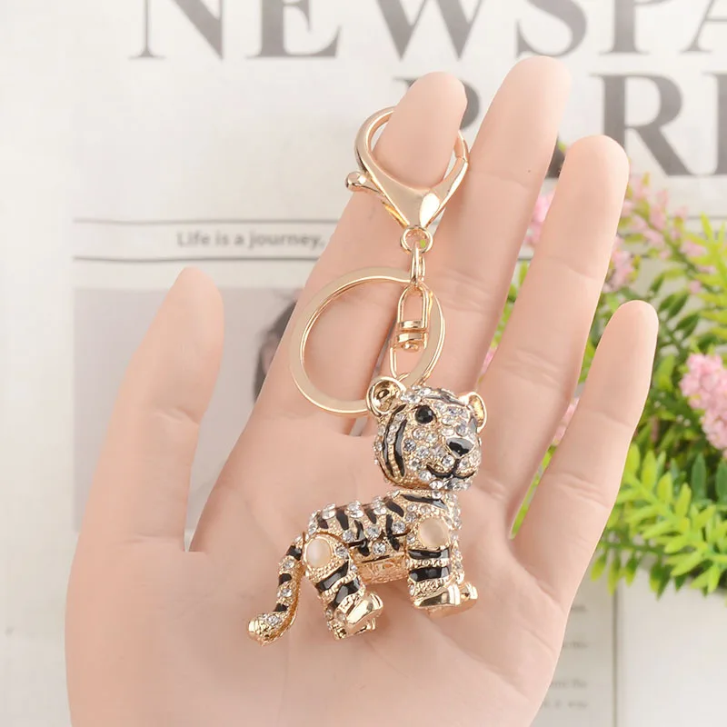 Cartoon Cute Crystal Tiger Keychain Figurine Pendant Backpack Hanging Decoration Children's Student Reward Small Gift Key Chains