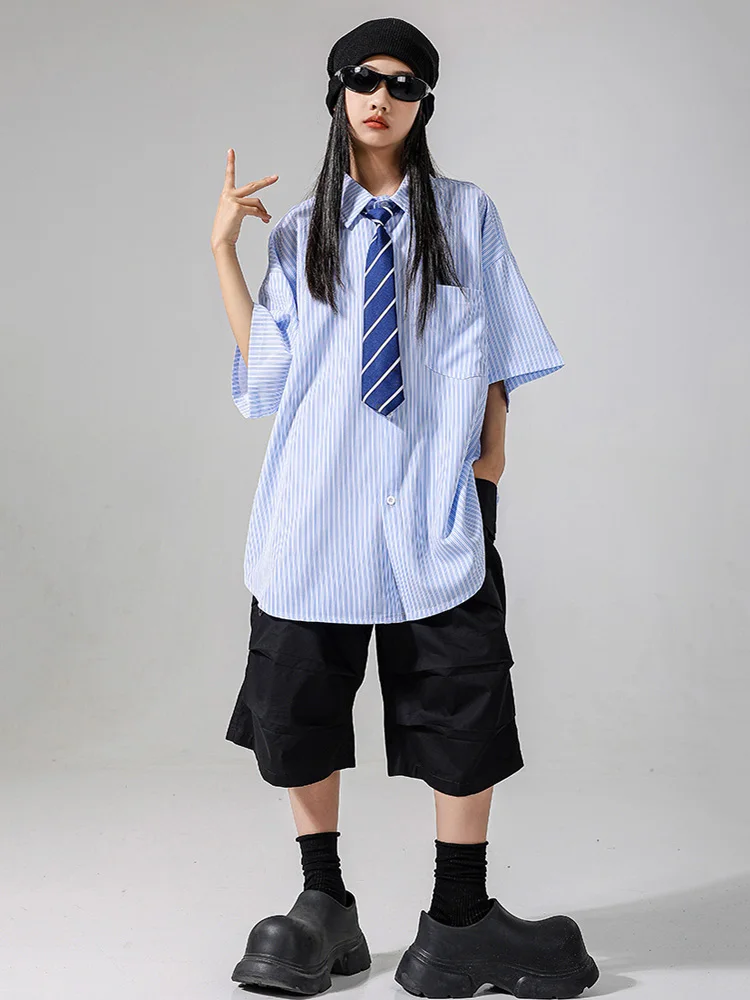 Boys Hip Hop Costume Vertical Striped Shirt Black Vest Shorts for Girls Street Dance Kids Jazz Clothes Children Streetwear sets