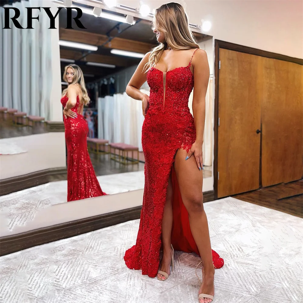 

RFYR Red Elegant Sequins Women Evening Dress Spaghetti Strap Pleats Sleeveless Split Trumpet Prom Formal Gowns Dress Customized