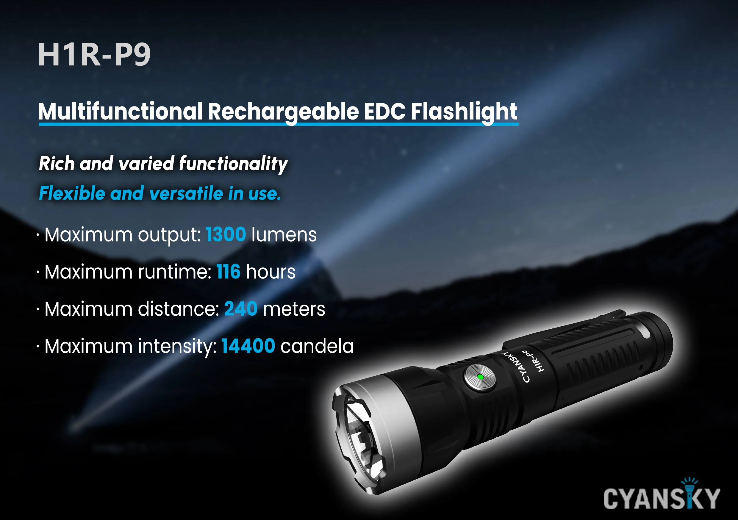 CYANSKY H1R-P9 Torcia EDC 14500 con 1300 lumen Uscita 240M Mini torcia ricaricabile multifunzionale da campeggio