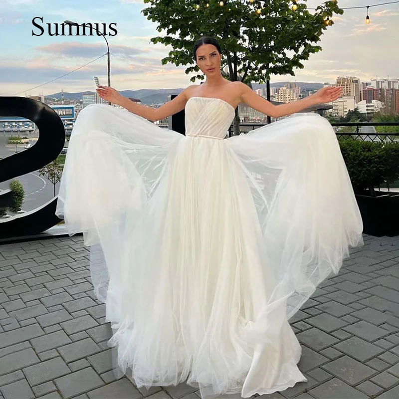 Sumnus-vestido de Novia de tul sin tirantes, corpiño con cordones, elegante, sencillo, verano, 2024