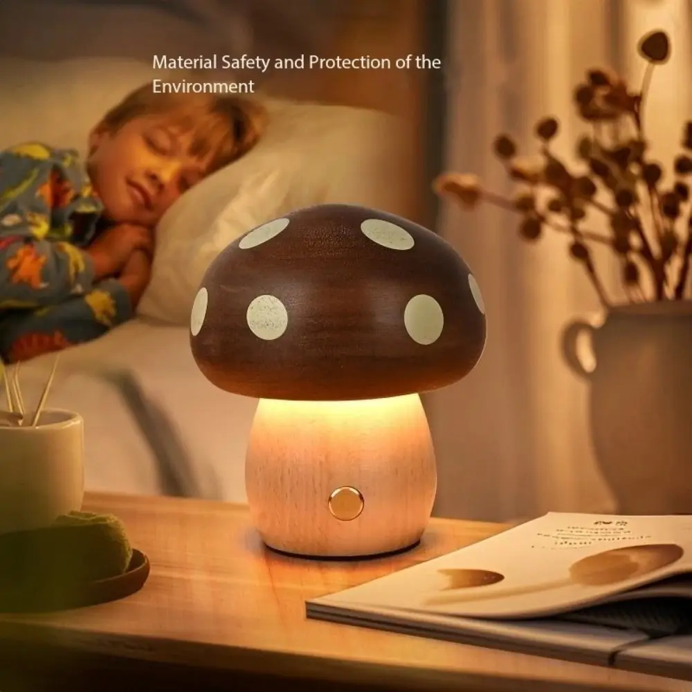 

Touch Switch Wood Mushroom Night Light Solid Wood Warm Light LED Table Lamp Stepless Dimming USB Plug Bedside Lamp