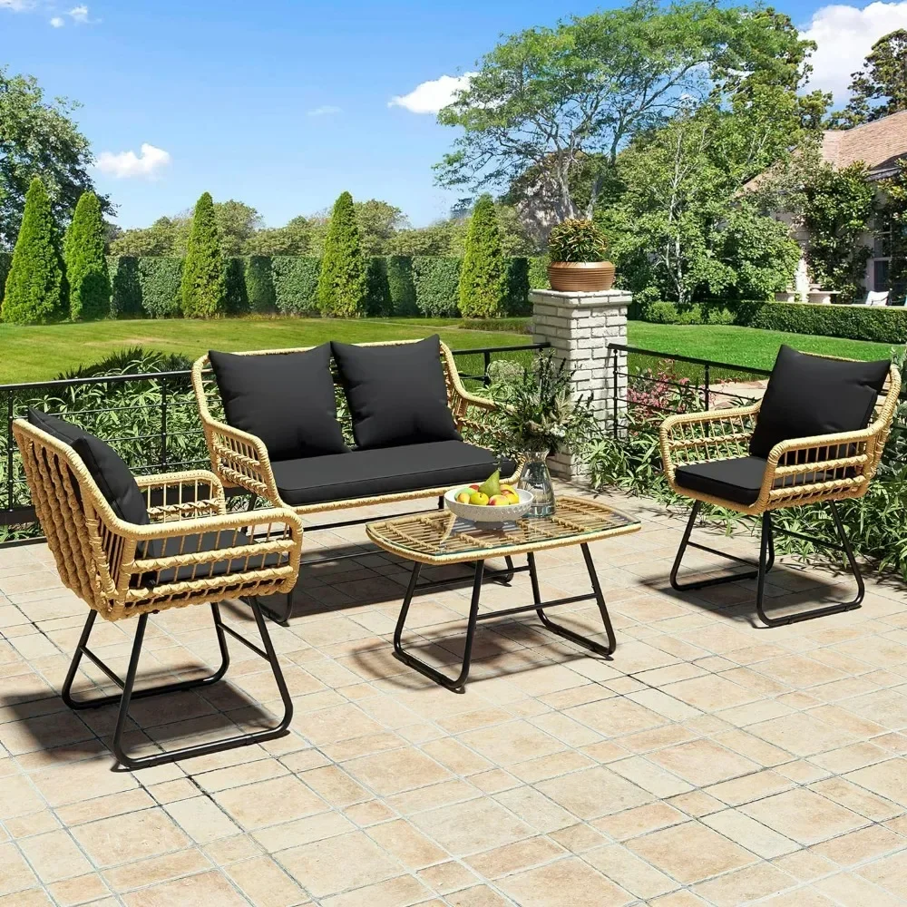 Rattan Wicker Patio Furniture Set, Cadeiras com almofadas macias e mesa de metal, Outdoor Bistro Set, Conversação, 4 pcs