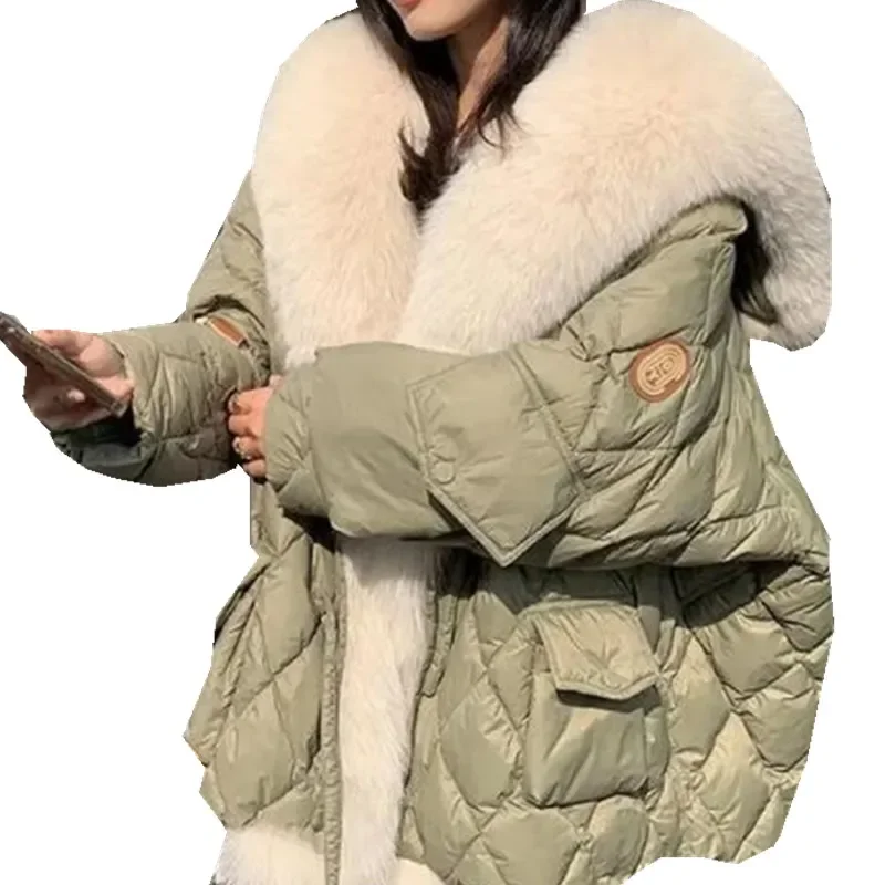2025 inverno macio quente solto jaqueta puffer parka feminino à prova de vento neve outwear casacos de luxo gola de pele de raposa casacos longos