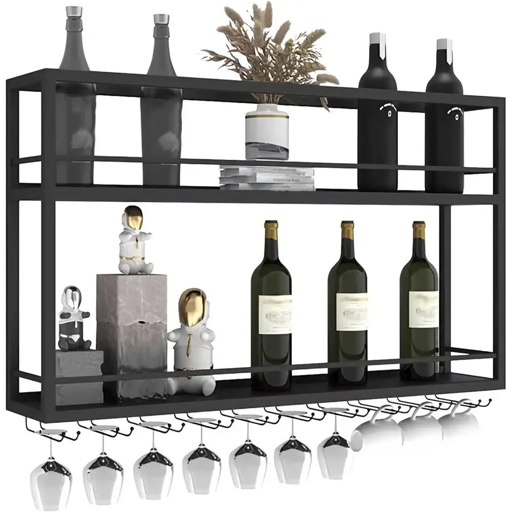 

Industrial Wall Mounted Wine Rack, 2-Tier Wood Bottle Shelf with Stemware Rack, Black Glass Rack Multi Functional