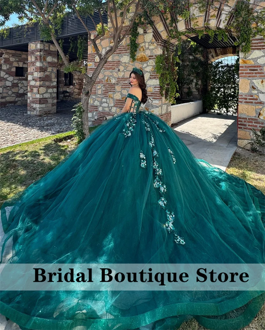 Emerald Green Flowers Appliques Quinceanera Dress 2024 Beads Crystals Court Train Ball Gown Pageant Sweet 15 Party Vestidos