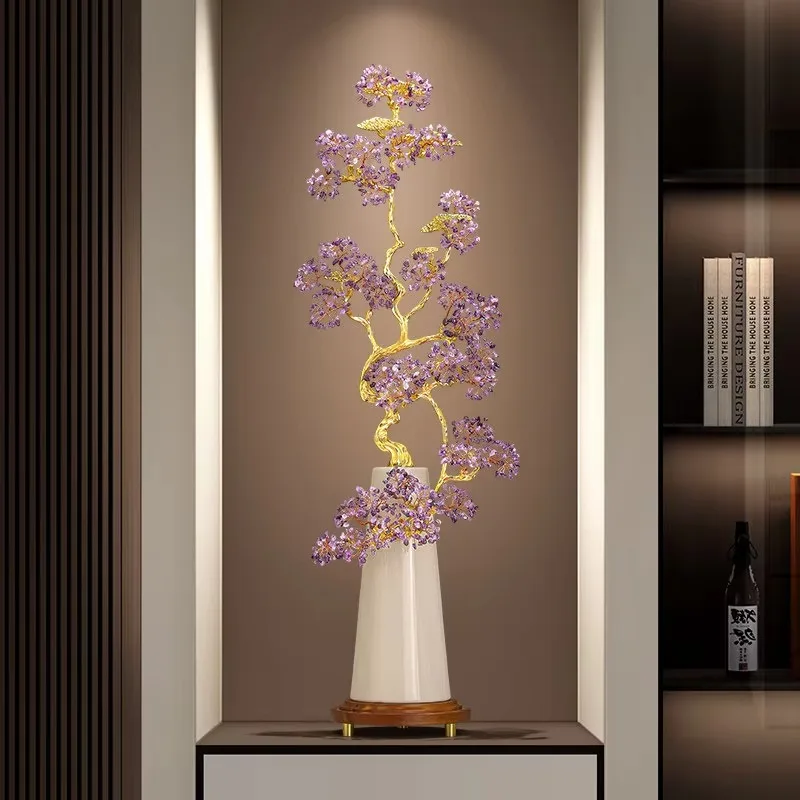 Chinese Tall Vase Decor Ornament Twisted Golden Branch Purple Floral Accent Entryway Floor Display Craft Slender Cone Vase Body