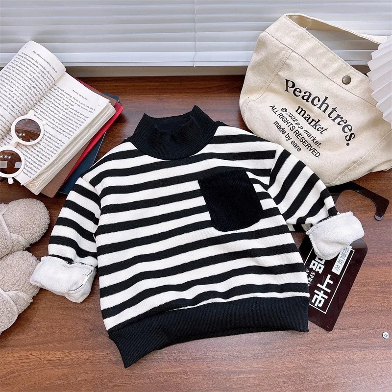 Kids Autumn Winter Fleece Sweatshirt Striped High Collar Warm Thick Pullover Boys Girls Outer Top