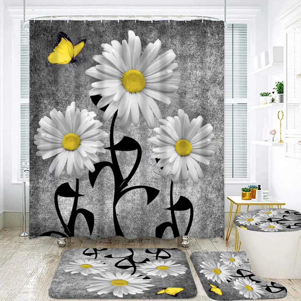 

White Flower Butterfly Shower Curtain Set Non-Slip Rugs Bath Mat Toilet Lid Cover and Hooks Polyester Bathroom Curtains Decor