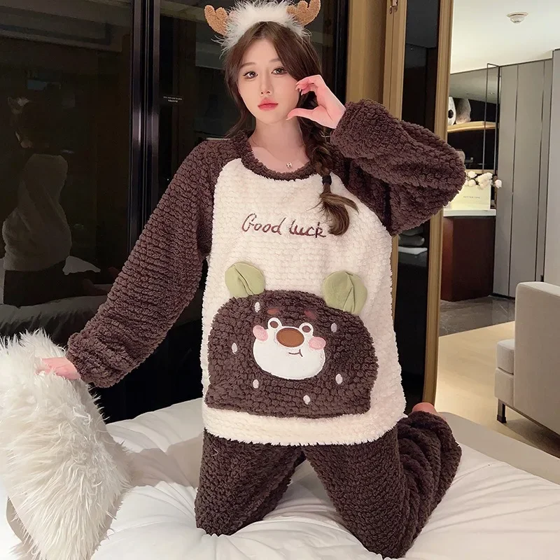 5XL Large Size Plush Pajamas Set Women Winter Sweet Cartoon Long sleeved Top and Trousers Home Suit Loungewear Fluffy Outerwear