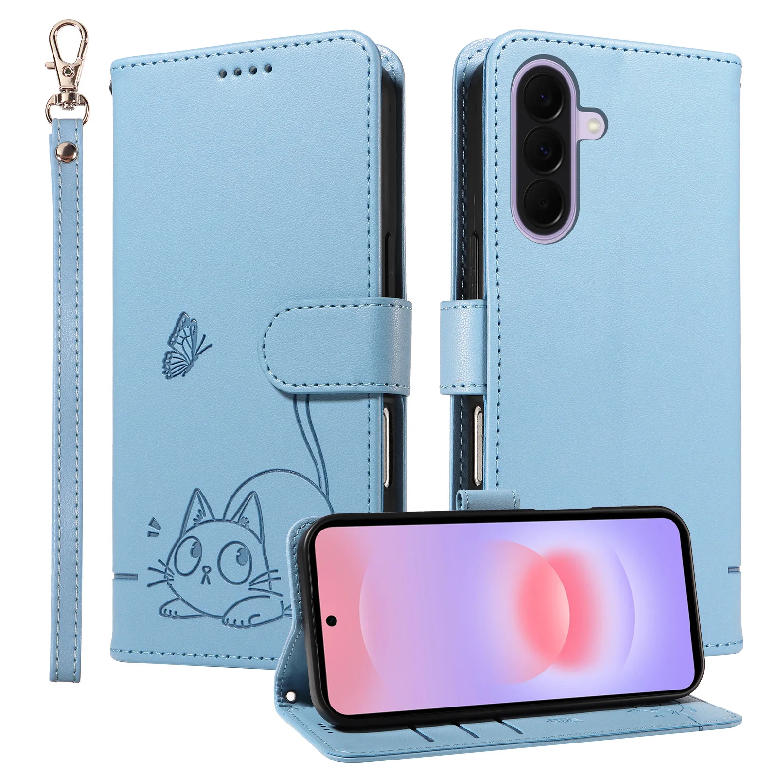 Leder-Brieftaschenhülle für Samsung Galaxy S22 S23 S24 S25 S26 FE Ultra Plus Edge |   Kartenetui mit geprägtem Katzen- und Schmetterlingsdesign