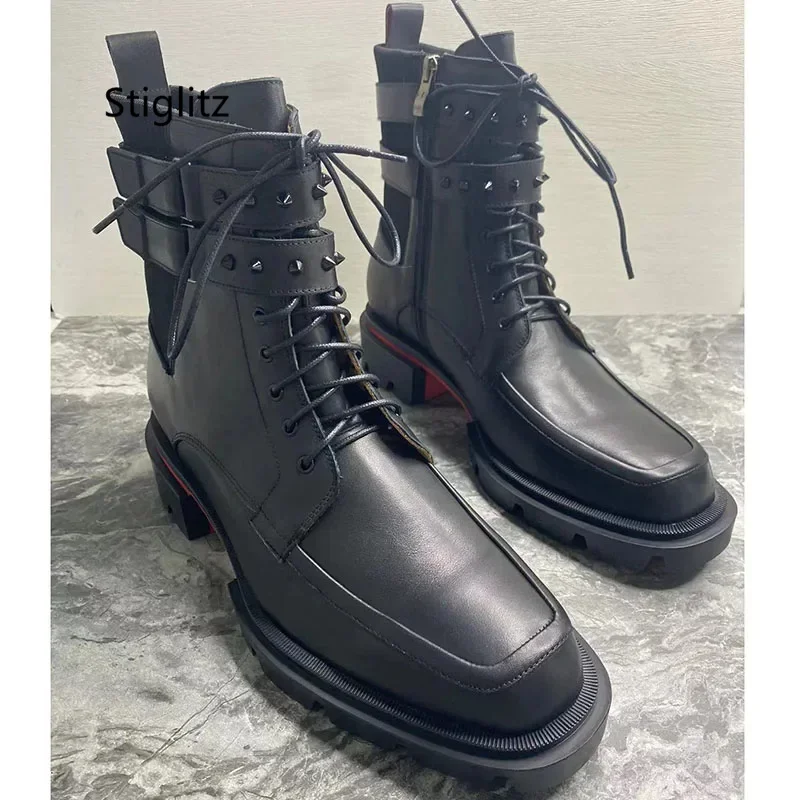 

Черные оксфорды из натуральной кожи с заклепками, мужские уличные ботильоны с квадратным носком на шнуровке и нескользящей подошвой, рабочая обувь, износостойкая