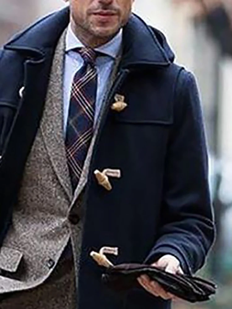 Men's Stylish British Toggle Button Lapel Mid-Length Outerwear Solid Long Sleeve Multiple Pockets Keep Warm Winter Long Coats