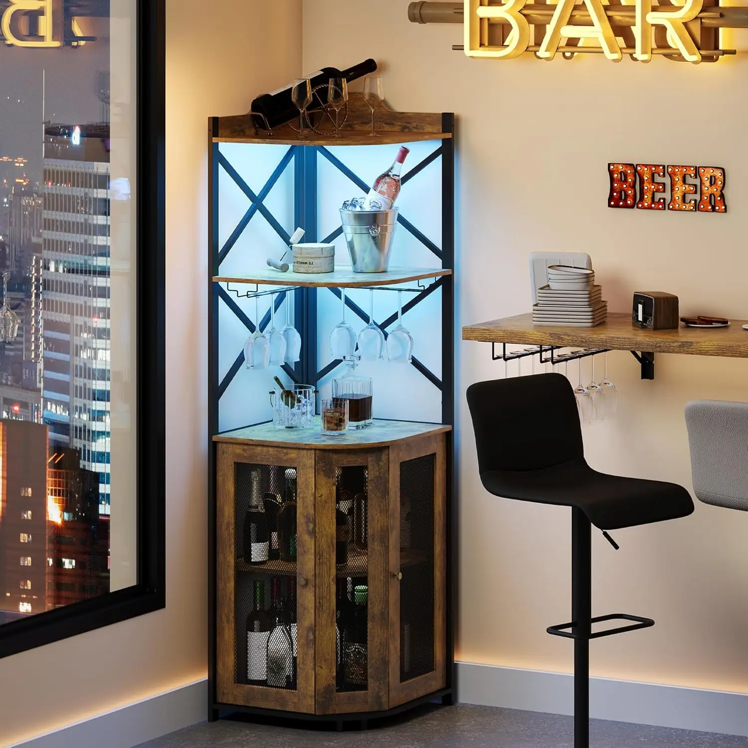 Armário de bar de canto com luzes LED, armário industrial de bar de vinho de 5 camadas com suporte de vidro, armários de bebidas de fazenda com prateleira