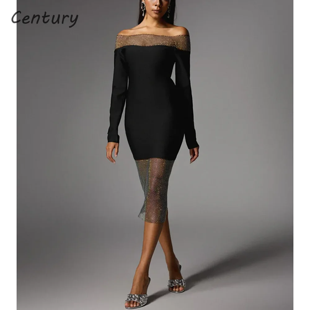 

Sexy Black Mesh Prom Dress Ladies' Off Shoulder Long Sleeve Midi Party Elegant Formal Night Dresses