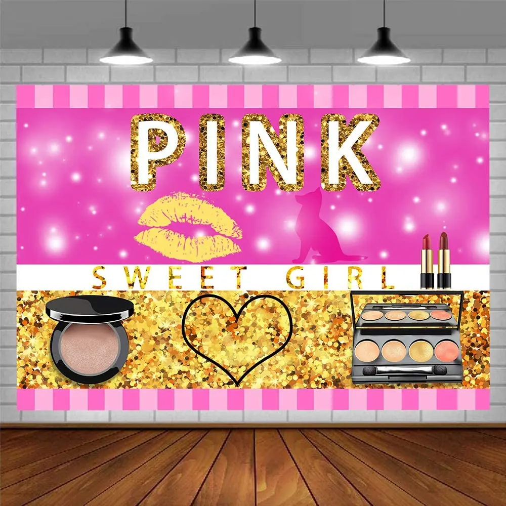 Pink Striped Sweet Background Makeup Cosmetics Lipstick Sexy Lips Photography Backdrop Gold Glitter Girls16th Birthday Decor