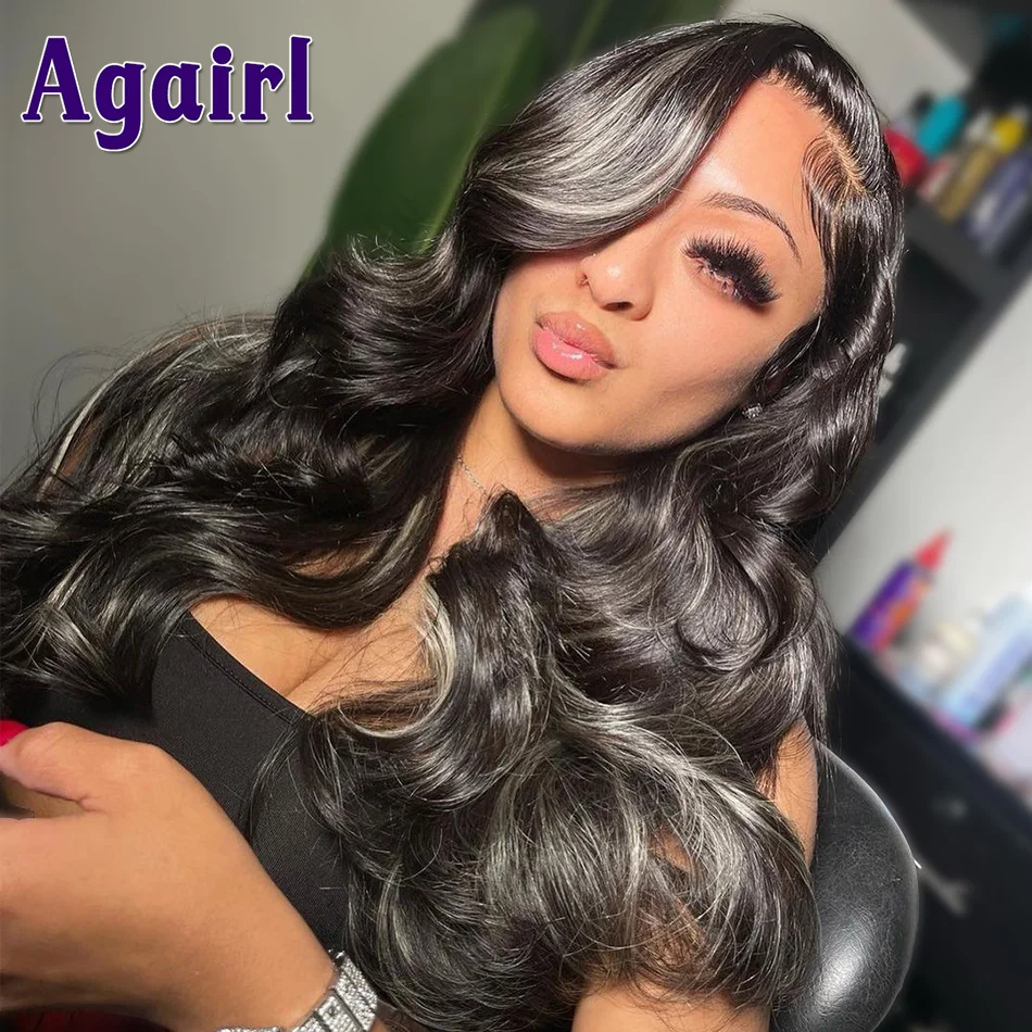 13X4 13X6 Silver Grey With Black Highlight Wig Human Hair Body Wave 30 Inch Lace Frontal Wigs For Women Grey Color 5x5 Lace Wigs