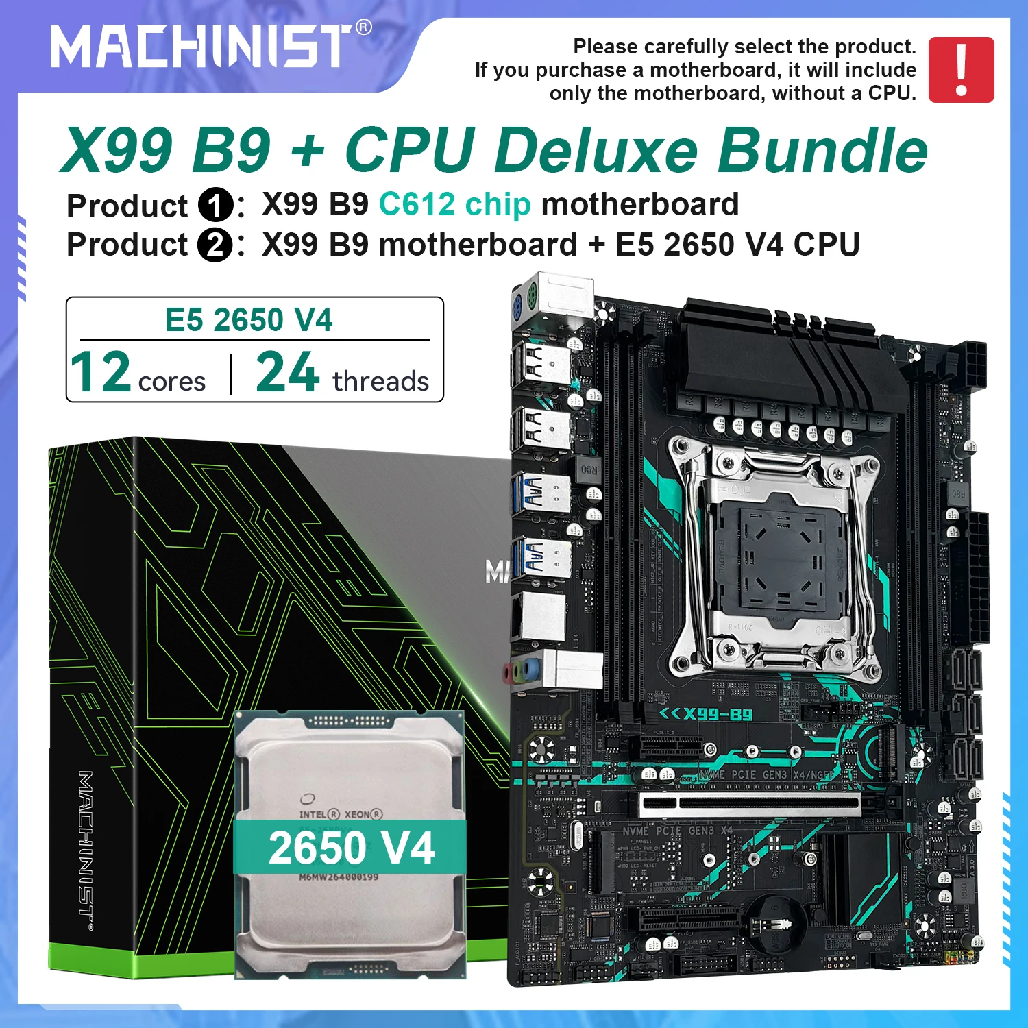 Płyta główna MACHINIST X99 B9 LGA2011-3 zestaw z procesorem Xeon E5 2650 V4, obsługuje pamięć DDR4, M.2 NVME, SATA, format M-ATX, do komputera gamingowego.