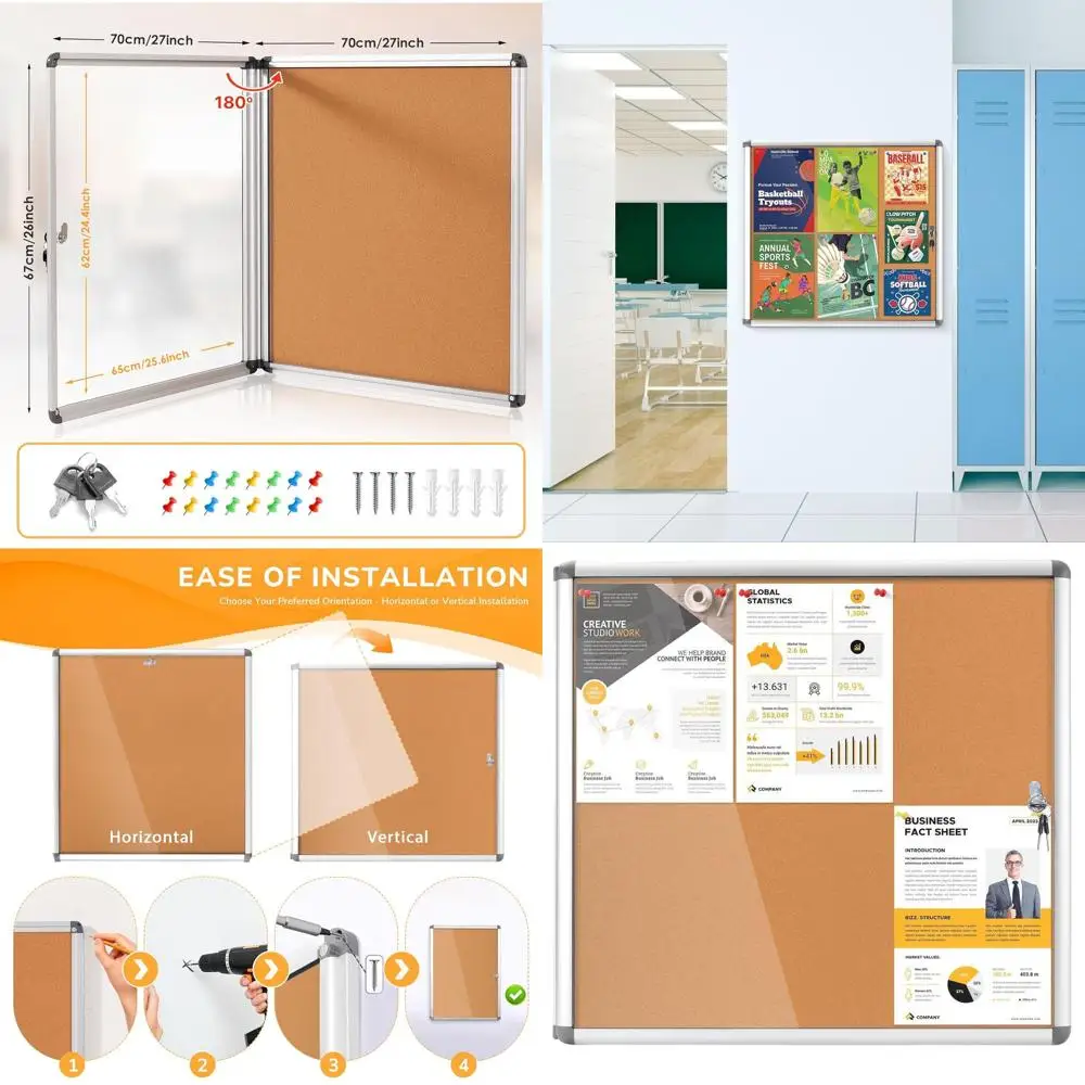 

Secure Wall-Mounted Silver Aluminum Framed Cork Bulletin Board, 28x26 in, for Office, School, Home, and Store, 6 A4 Capacity