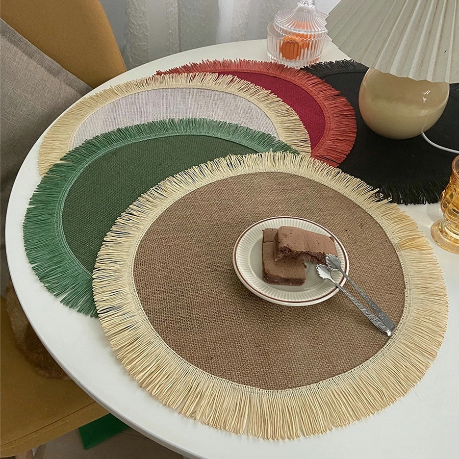 

6PCS/Set Round Jute Placemat Linen Cup Mats Tassels Table Mat Decoration Kitchen Heat Insulation Non-Slip Mat Photography Prop