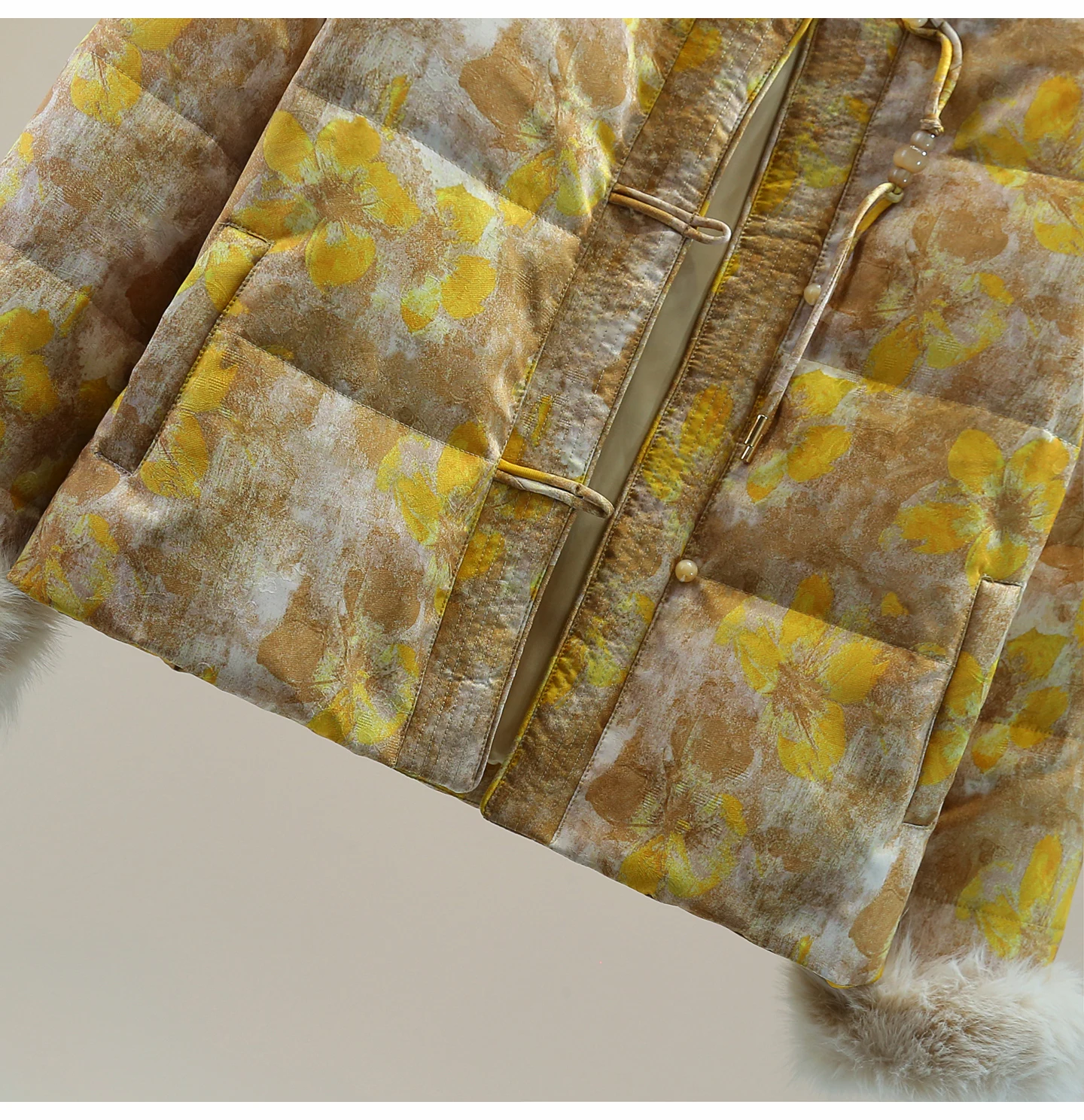 Novo estilo chinês destacável grande gola de pele manga longa para baixo forro jaqueta outono inverno amarelo jacquard grosso em torno do pescoço casaco