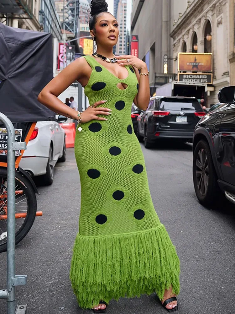 Polka Dot Patchwork Knitted Sling Dresses Backless Sleeveless Tassels Slim Fit Split Hollow Out Maxi Robe New Female Party Gown