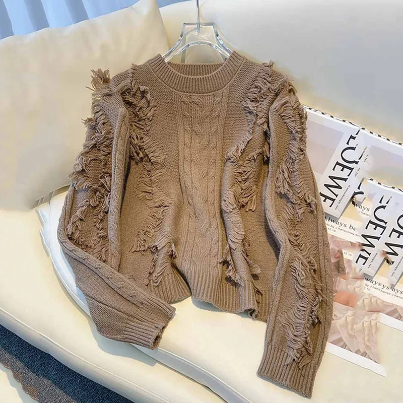 

ODFVEBX Fringed Thick Twist Sweater Women Autumn New Loose Vintage Short Sweater Tops Winter Ladies O-Neck Long Sleeve Sweater