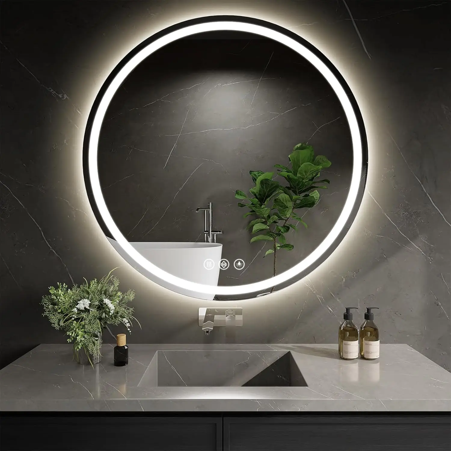 30 Inch Round LED Bathroom Mirror with Lights, Anti-Fog, Dimmable, Shatter-Proof Wall Mounted