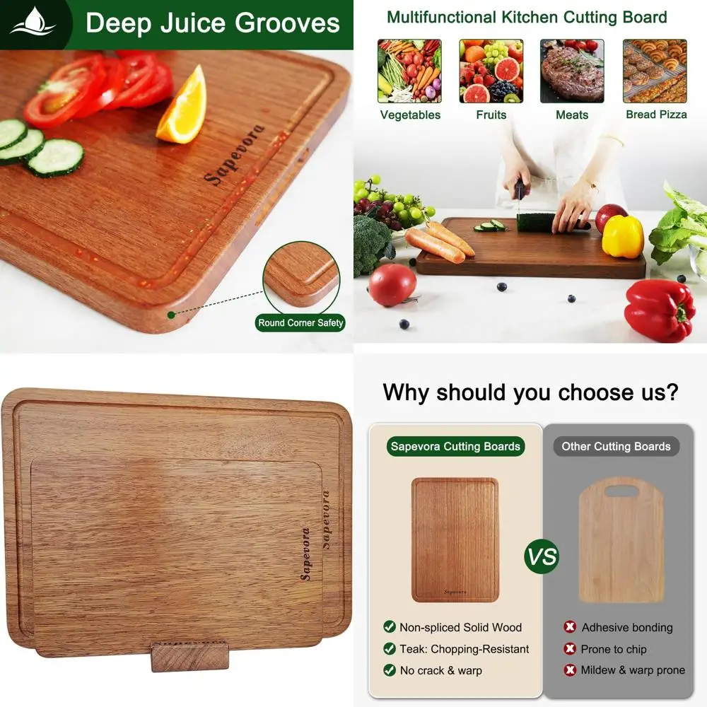 

Large Thick Crack-Resistant Teak Wood Chopping Board Set with Deep Juice Grooves and Built-In Handles, 16.9x11.8 & 12x8 Inches