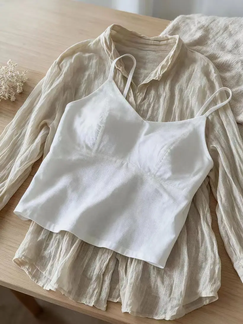White Linen Backless Strap Bralette Women's Summer Thin Breathable Beautiful Back Underwear Shirt Inner Wear Tank Top