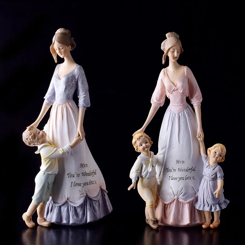 European Retro Resin Mother Child Statue Ornaments Crafts Home Table Mom Children Figurines Miniatures Decoration Love Gifts Art